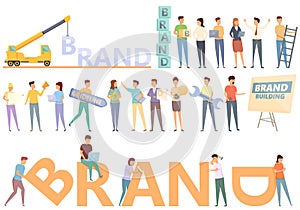 Brand building icons set cartoon vector. Company identity