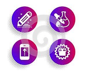 Brand contract, Swipe up and Chemistry experiment icons set. Surprise gift sign. Vector