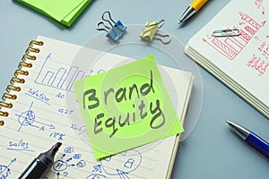 Brand equity mark and open notepad with calculations.