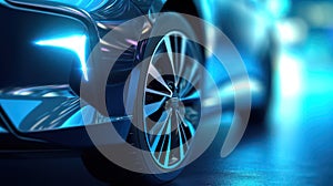 A brand-less generic concept electric car wheel in neon light. AI generated image.