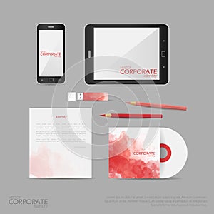 Brand identity company style template demonstrated on office supplies and stationery for businesses with watercolor splashes