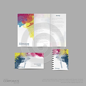 Brand identity company style template demonstrated on office supplies and stationery for businesses with watercolor splashes