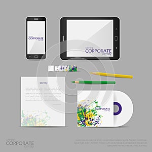 Brand identity company style template demonstrated on office supplies and stationery for businesses with watercolor splashes