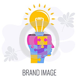 Brand image infographics icon. Lamp in puzzle human head.