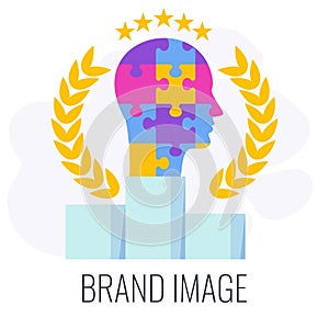 Brand image infographics icon. Puzzle human head on winner podium.