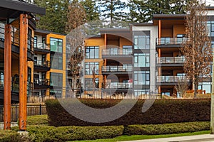 Brand new apartment building in BC, Canada. Architectural details of modern apartment building