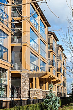 Brand new apartment building in BC, Canada. Architectural details of modern apartment building