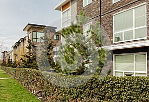 Brand new apartment building in BC, Canada. Canadian modern residential architecture, exterior