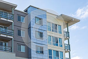 Brand new apartment building on sunny day in BC, Canada. Architectural details of modern apartment building