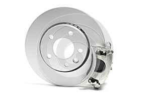 Brand new brake discs, brake caliper and brake pad set for car. isolated on white with copy space.