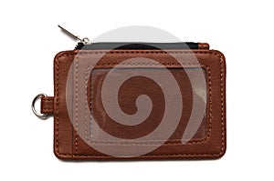 A brand new brown leather card clear holder with zipped coin pouch section and lanyard loop