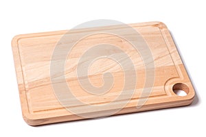 Brand new kitchen rectangle wooden board for cutting food groceries isolated above white background.