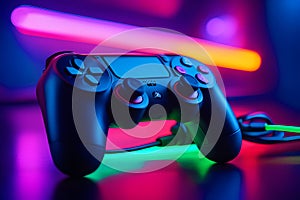 A brand-new PlayStation 5 controller set against a vibrant neon background