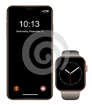 Brand new realistic mobile phone black smartphone in iphon style with smartwatch