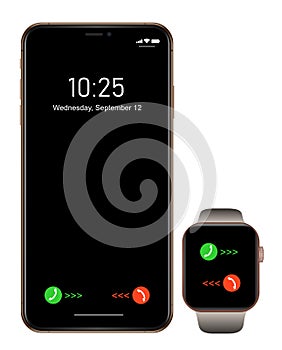 Brand new realistic mobile phone black smartphone in iphon style with smartwatch photo