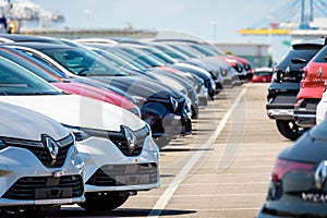 Brand new Renault cars lined up in a parking lot