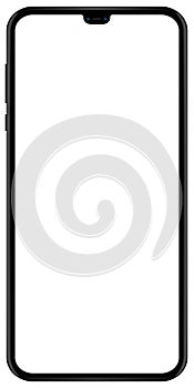 Brand new smartphone black color with blank screen isolated on white background mockup. Front view of modern android multimedia