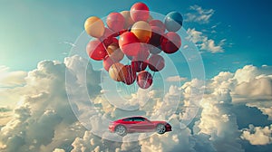 Brand new sports car gift sent with helium balloons flying in the bright sky tied with string