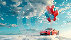 Brand new sports car gift sent to the sky flying tied with string to bunch ol inflatable balloons