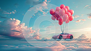 Brand new sports car hanging from helium balloons flying in the sky with clouds