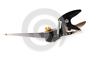 Brand new telescopic pruning shears isolated over white background. Gardening equipment cut out studio shot.