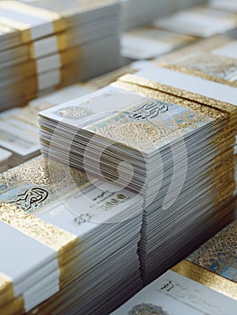 Symmetric stacks of brand-new UAE dirham banknotes neatly arranged in a clean studio scene idea idea