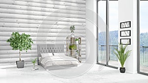 Brand new white loft bedroom minimal style interior design with copyspace wall and view out of window. 3D Rendering.