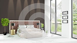 Brand new white loft bedroom minimal style interior design with copyspace wall and view out of window. 3D Rendering.