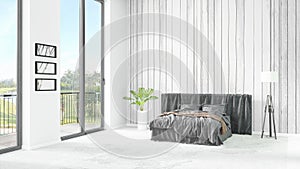 Brand new white loft bedroom minimal style interior design with copyspace wall and view out of window. 3D Rendering.