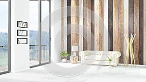 Brand new white loft bedroom minimal style interior design with copyspace wall and view out of window. 3D Rendering.