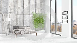 Brand new white loft bedroom minimal style interior design with copyspace wall and view out of window. 3D Rendering.