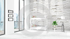 Brand new white loft bedroom minimal style interior design with copyspace wall and view out of window. 3D Rendering.