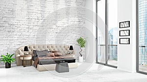 Brand new white loft bedroom minimal style interior design with copyspace wall and view out of window. 3D Rendering.