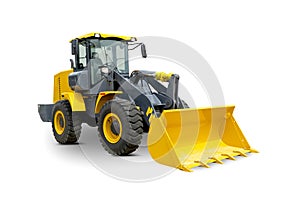 A Brand New Yellow Wheel Loader Isolated on a White Background