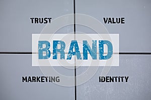 BRAND. Trust, Value, Marketing and Identity concept. Concrete wall background