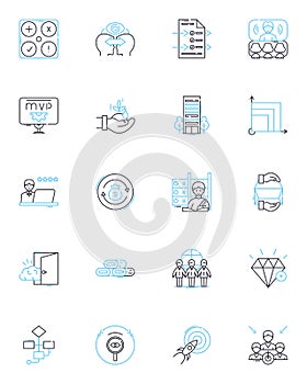 Brand unveiling linear icons set. Launch, Reveal, Debut, Introduction, Premire, Unveiling, Presentation line vector and photo