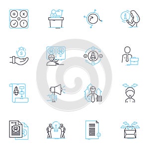 Brand unveiling linear icons set. Launch, Reveal, Debut, Introduction, Premire, Unveiling, Presentation line vector and photo