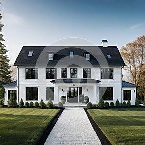 A brand white contemporary farmhouse with a dark shingled roof and black windows