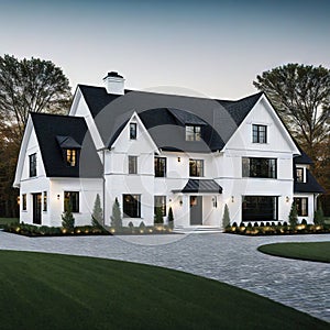 A brand white contemporary farmhouse with a dark shingled roof and black windows
