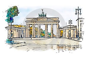 Brandenburg Gate, Berlin, Germany, watercolor sketch illustration.