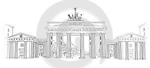 The Brandenburg gate in Berlin. Hand drawn pencil sketch illustration. Brandenburger Tor in Berlin, Germany