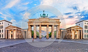 Brandenburg Gate or Brandenburger Tor at sunset, panoramic view, Berlin, Germany