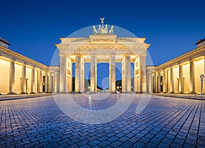 Brandenburg Gate illuminated in twilight, Berlin, Germany