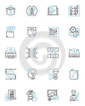 Branding agency linear icons set. Identity, Logo, Brand, Marketing, Design, Strategy, Creative line vector and concept