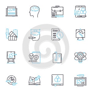 Branding agency linear icons set. Identity, Logo, Brand, Marketing, Design, Strategy, Creative line vector and concept