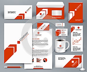 Branding design kit with red arrow on white backdrop