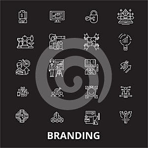 Branding editable line icons vector set on black background. Branding white outline illustrations, signs, symbols