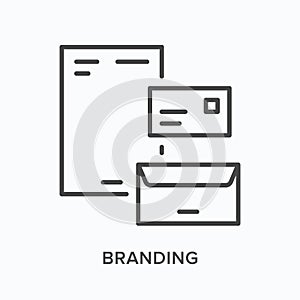Branding flat line icon. Vector outline illustration of screen with envelop and document. Infographic design black thin