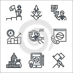 Branding line icons. linear set. quality vector line set such as mission, creative, budget, contact, competitor, graph, jigsaw,