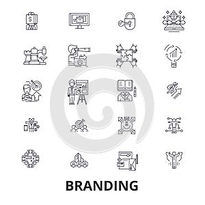 Branding, marketing, advertising, creative idea, brand, market, promotion line icons. Editable strokes. Flat design